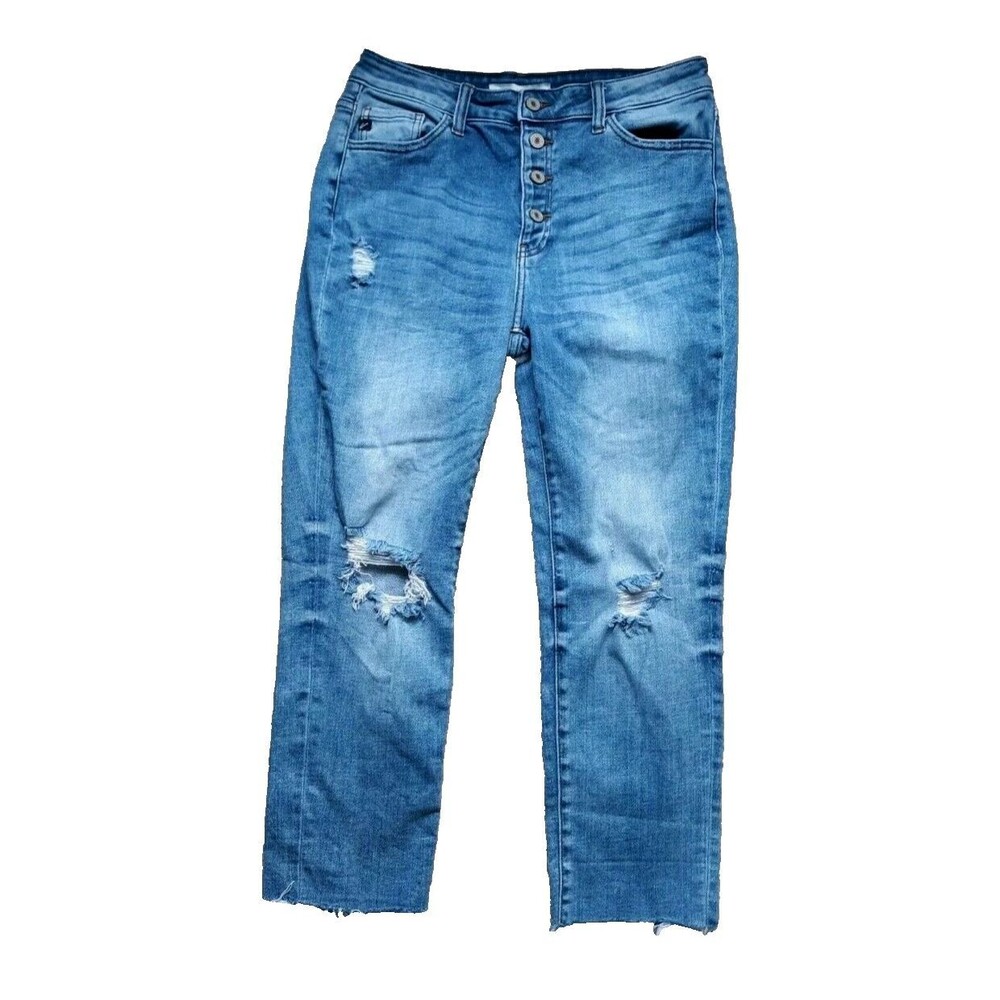 Kancan Womens Sz 9 Button Fly Distressed Ankle Cropped Estilo Denim Blue Jeans